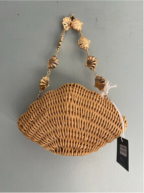 Women's Haute Hippie Beige Woven Shell Clutch with Gold Chain